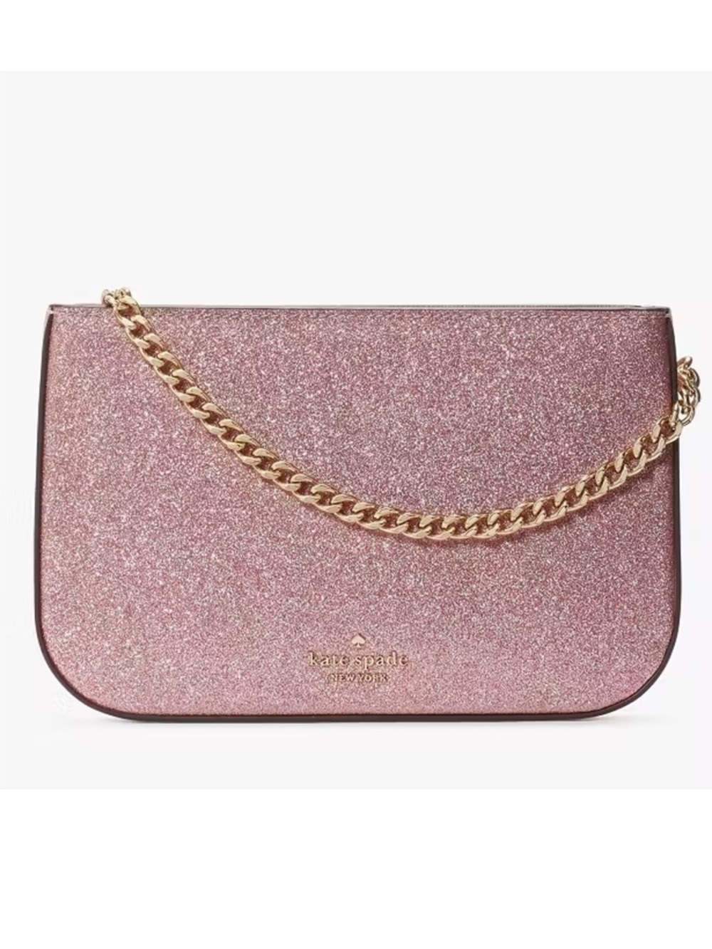 Kate Spade NWOT Glimmer Glitter Pochette in mitten pink and gold hardware
